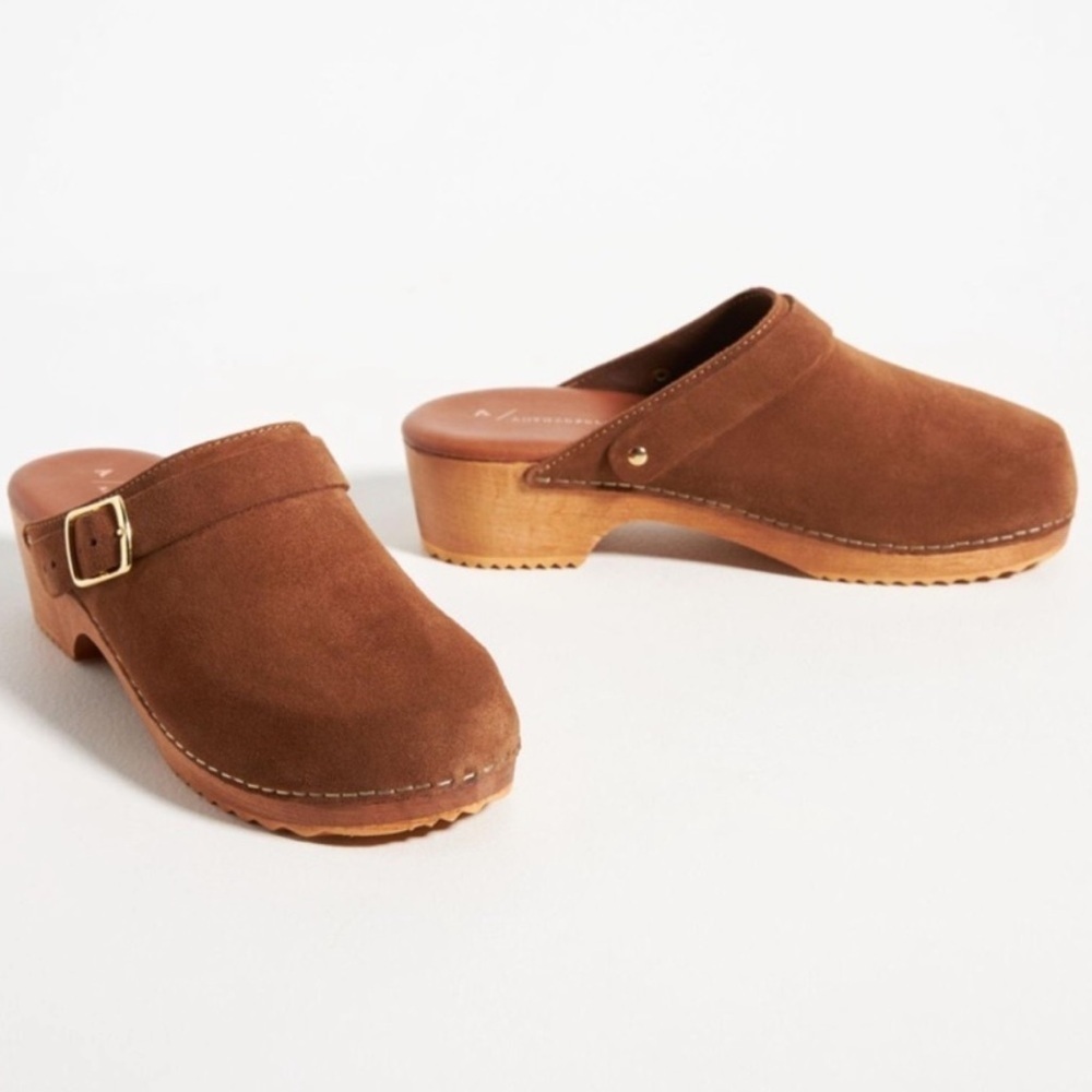 Anthropologie Suede Clog Shoes 36 Tan Brown Fall Autumn